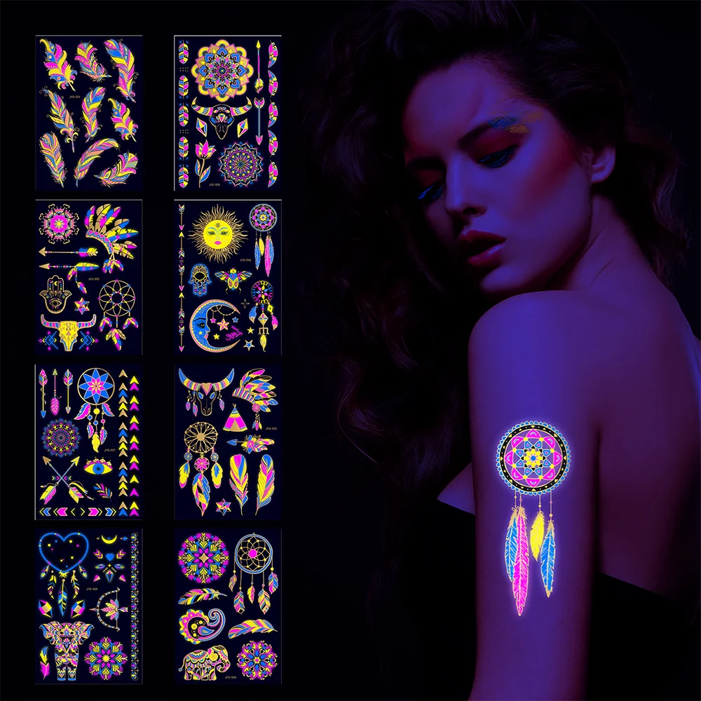 Halloween Fluorescent Face Tattoo Sticker Bronzing Temporary Tattoo Glow in the Dark Face Sticker for Festival Party Makeup