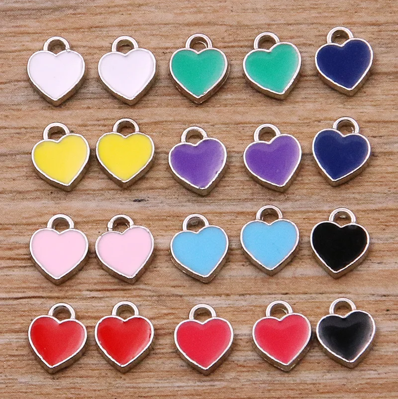 Эмалевые подвески для женщин, ожерелье, серьги, ювелирное изделие с маленьким металлическим сердцем из родия, с капающим маслом, 50 шт., 6 х8 мм