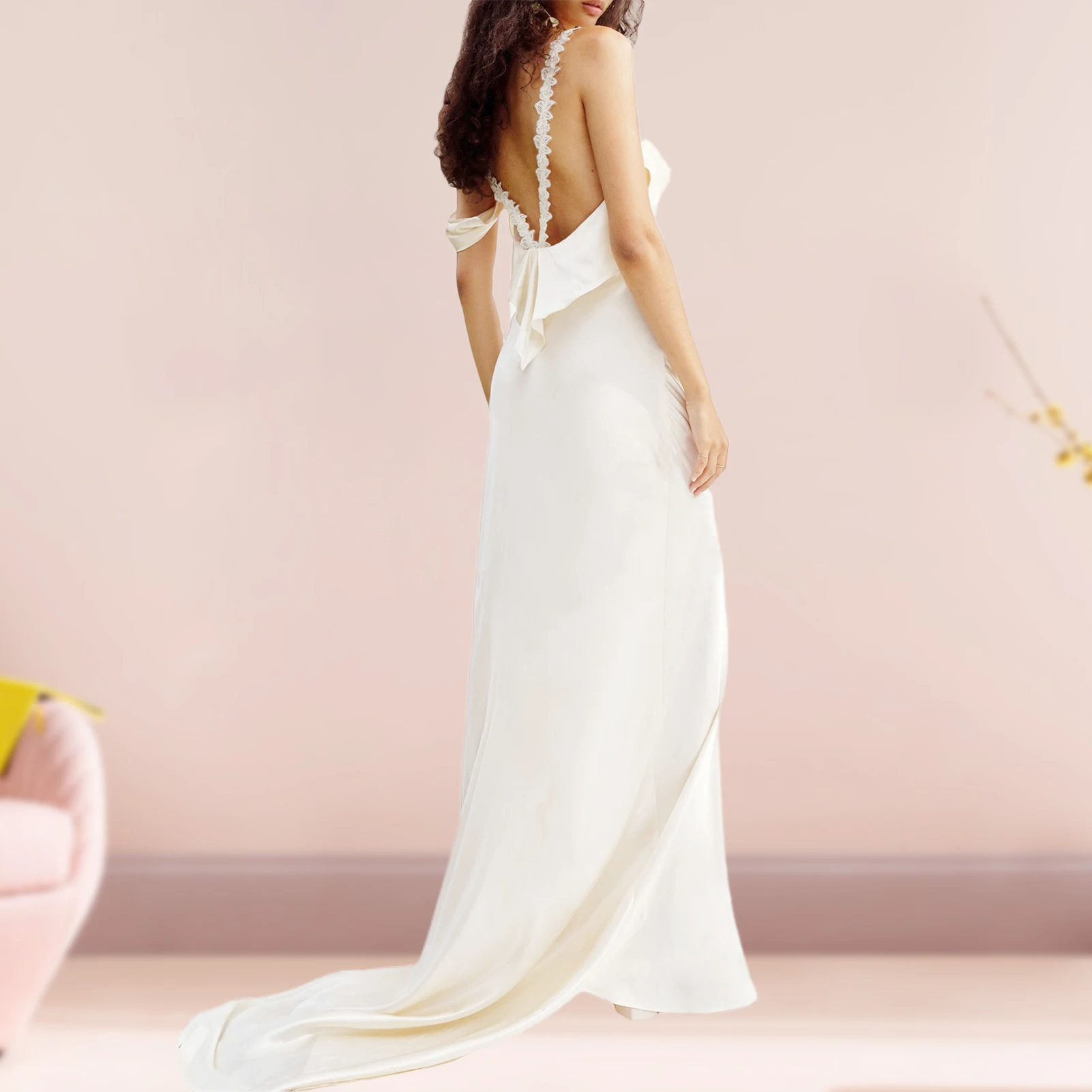 

Женское вечернее платье с открытой спиной, элегантное платье макси на бретелях-спагетти, необычное однотонное модное коктейльное платье с оборками