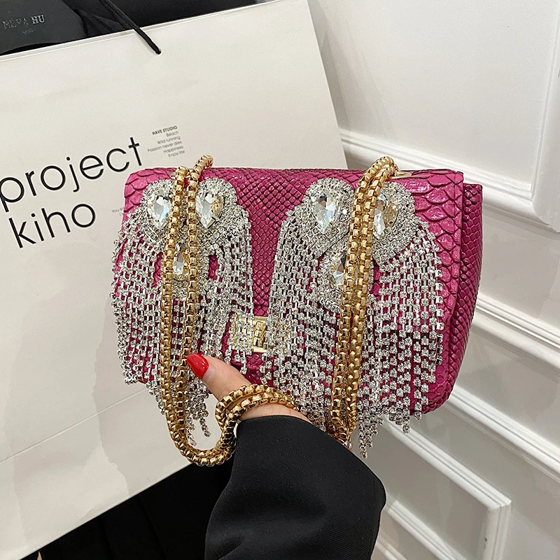 Fashion Diamond Handbags for Women 2023 New Tassel Square Evening Bag Female Leather Chain Luxury Sparkle Shoulder Bag Woman