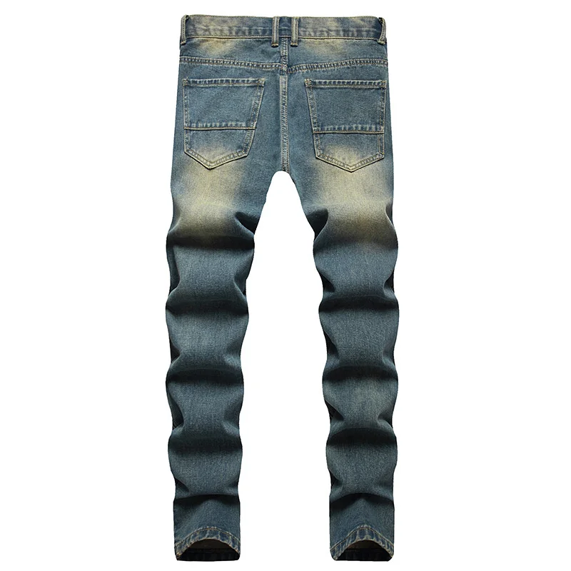 Men's Clothing Vintage Light Blue Holes Ripped Biker Jeans Motorcycle Casual Pleated Torn Stretch Denim Slim Pants Trousers Men