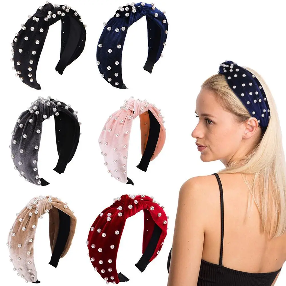 

Newest Pearl Velvet Headbands Knotted Wide Hairbands For Women Girls Twist Turban Hair Head Hoop Bezel Hair Accessories Headwear