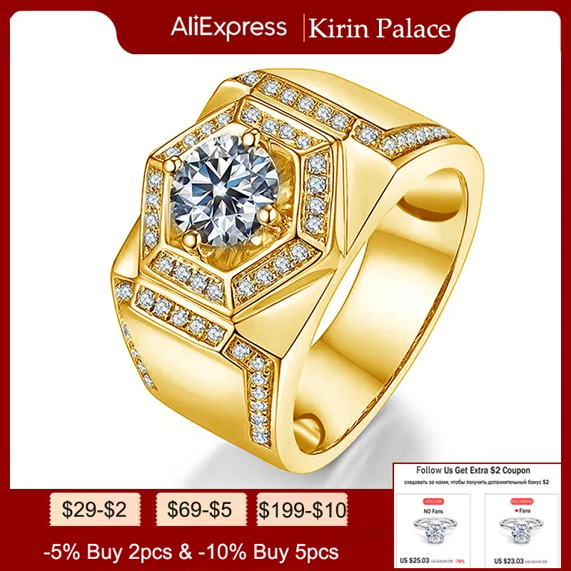 

Kirin Palace 1 Carat Round Cut Moissanite Diamond Mens Rings 925 Sterling Silver 18K Gold Plated Rings Wedding Fine Jewelry