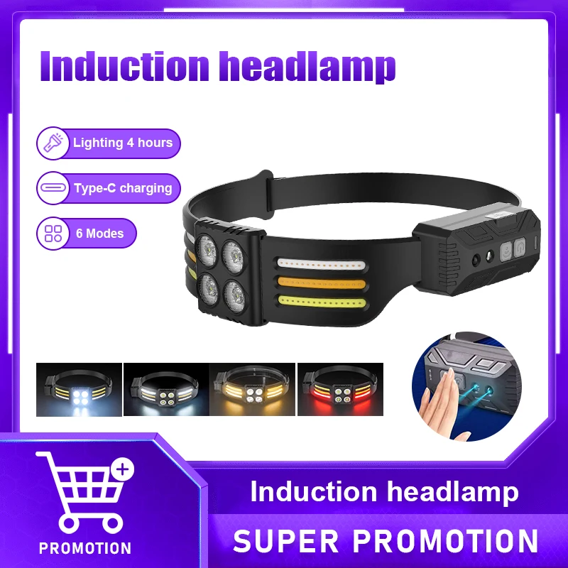 

2023 270° Powerful Headlamp Type-C Rechargeable LED Front Lamp Motion Sensor Head Flashlight Repairing Camping Sport Head Torch