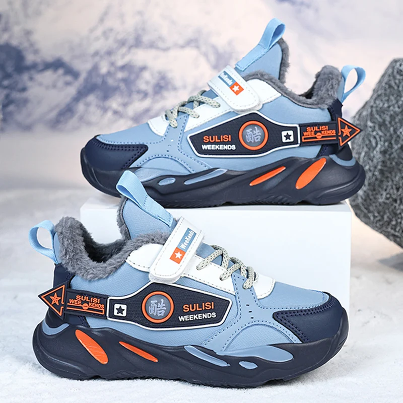 

Winter Boy Sports Shoes Leather Plush Children Sneaker Cotton Kids Snow Shoes Luxury Outdoor Running Tennis Sneaker for Boy