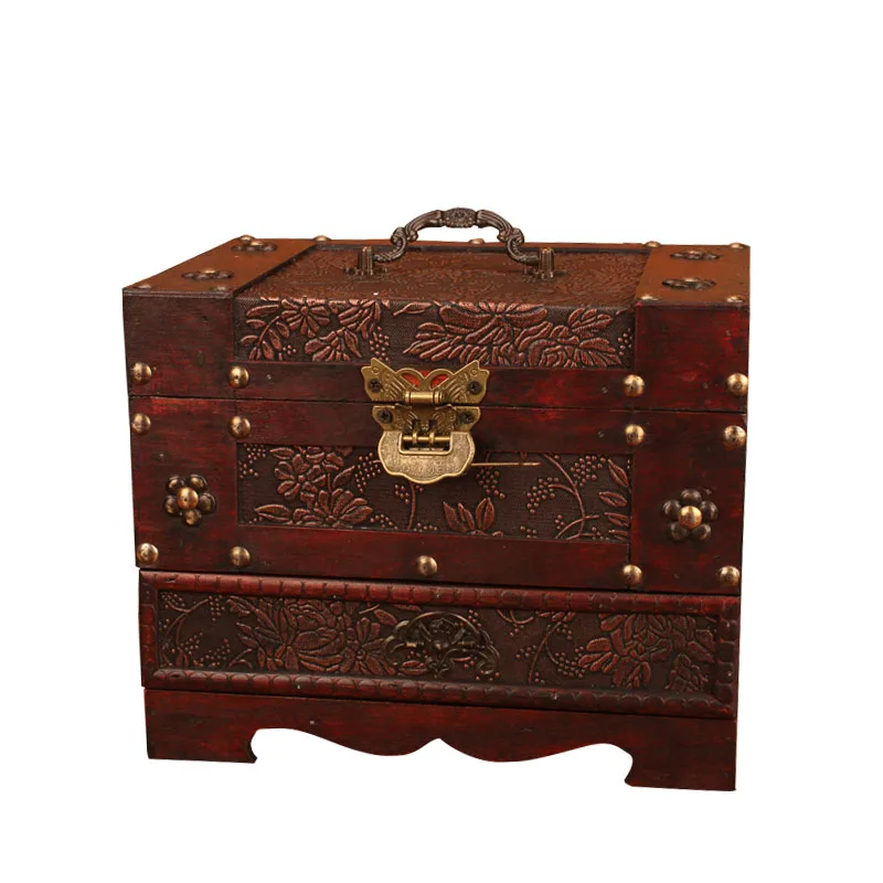 Antique Chinese Style Wooden Vintage Vanity Box Household Wedding Small Jewelry Box High-End Ornament Storage Box with Lock