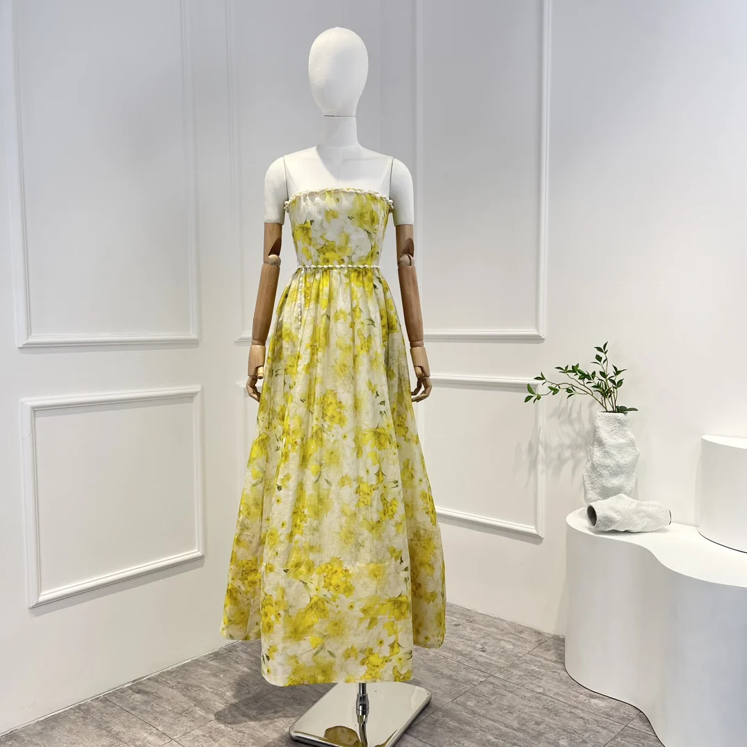 

Женское платье миди из льна и шелка, желтое пляжное платье без бретелек с цветочным принтом и бисером из ракушек, новинка весны 2023