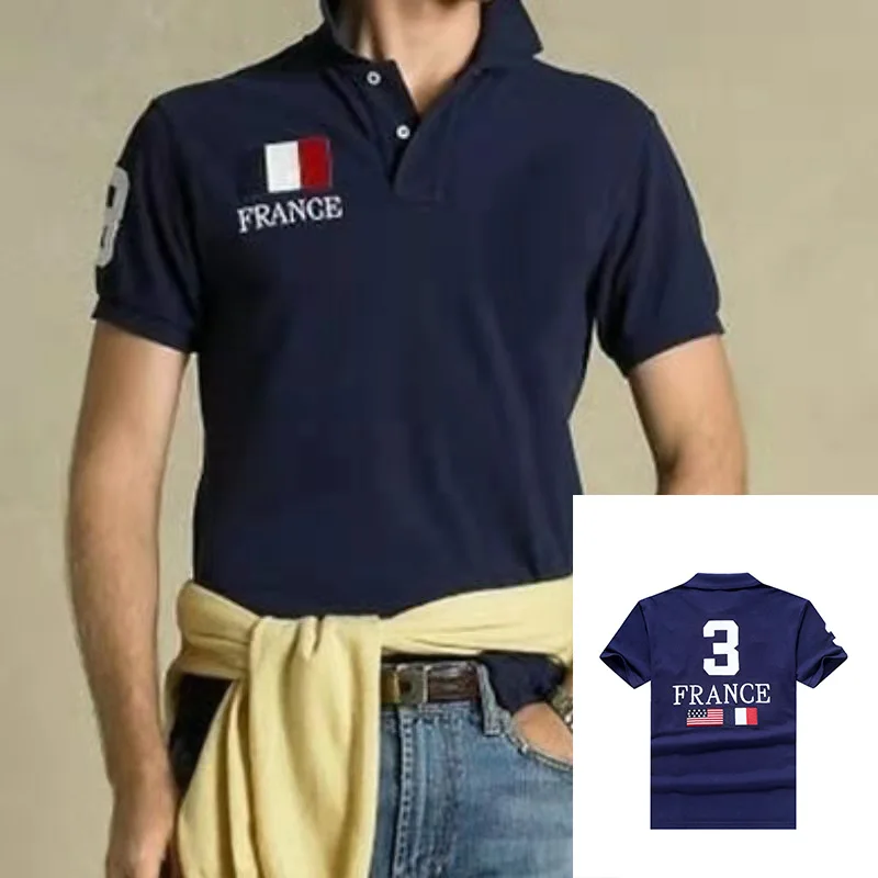 

Summer Men's New Big Horse Classic National Flag 3# Solid Short Sleeve 100%Cotton Polo Shirt Fashion Homme