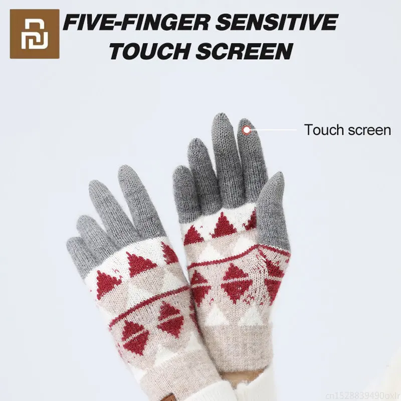 

Youpin Fashion Knitted Winter Gloves Women Thicked Touch Screen Warm Cold Glove Autumn Plush Casual Rhombus Pattern Riding Glove