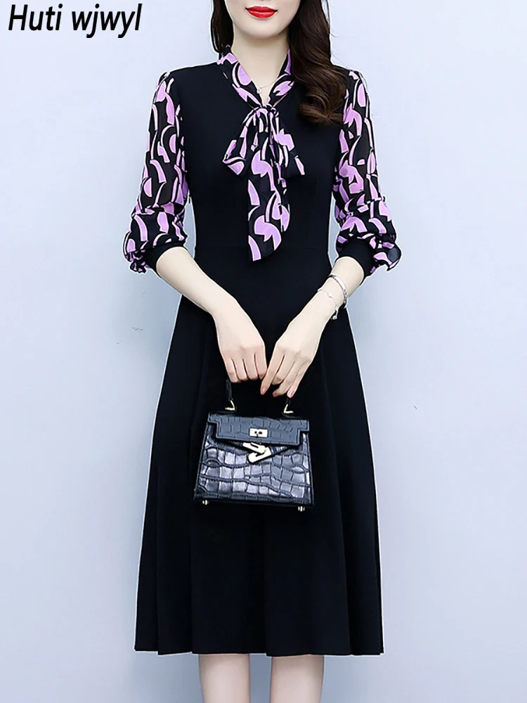 

Женское винтажное платье-миди в горошек, черное элегантное офисное платье с бантом, в стиле пэчворк, Осень-зима 2023