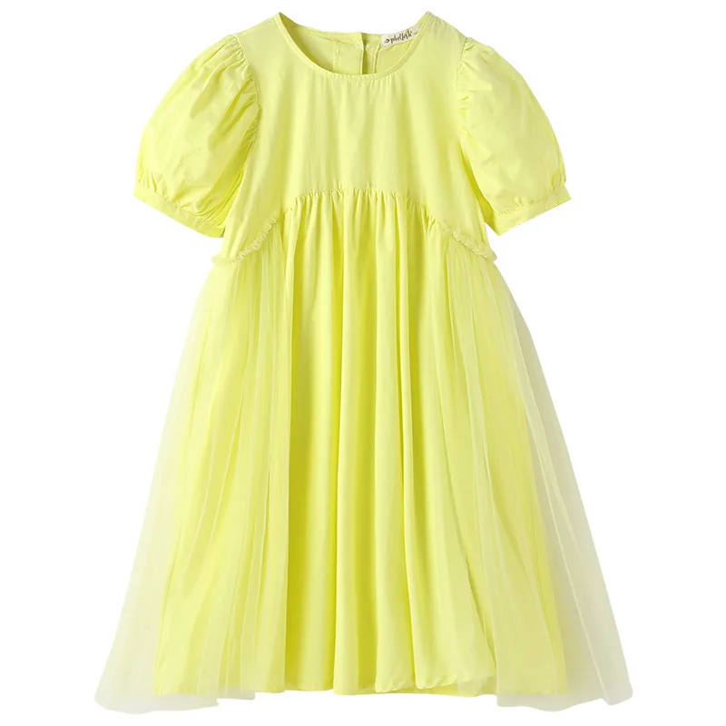 

classic yellow Girls Summer Dress New Girls 4years 17 Years Teen Princess Dress Children's Puff Sleeve Dress lace design