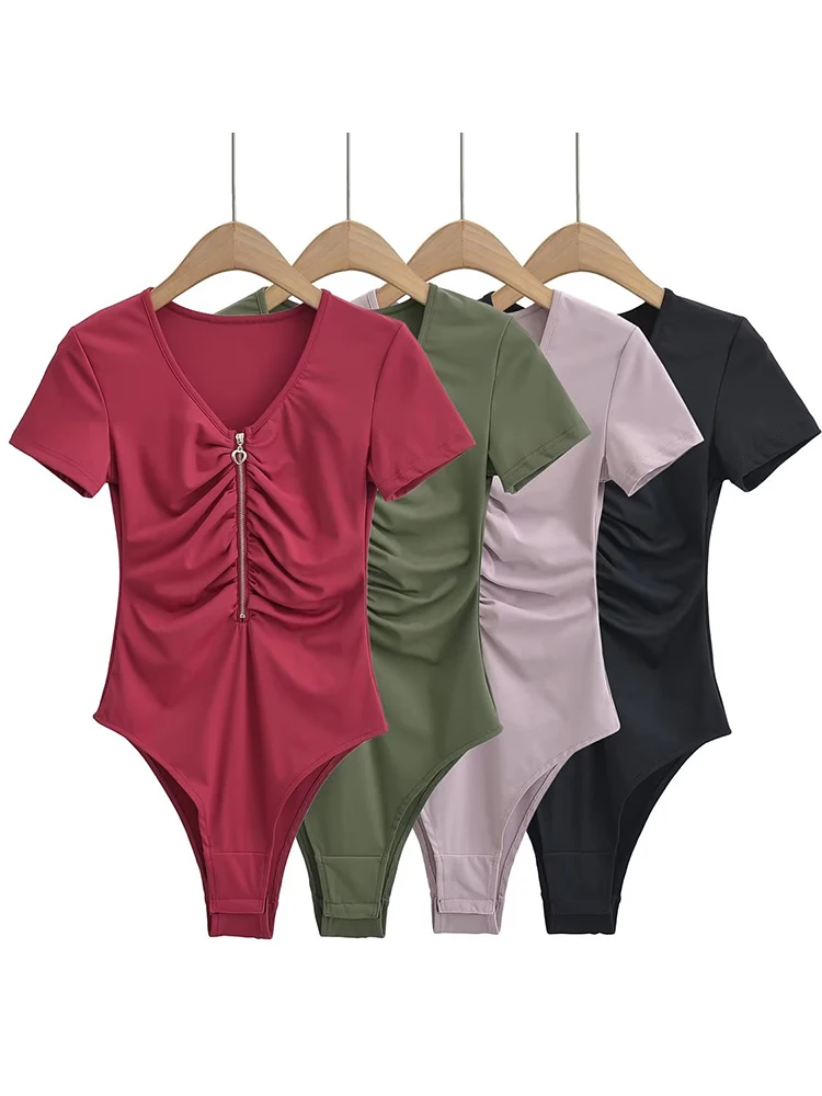 

Women Short Sleeve O-neck Folds Zipper Army Green Bodysuits Summer Stretchable Slim 4 Colors Tops Jumpsuit