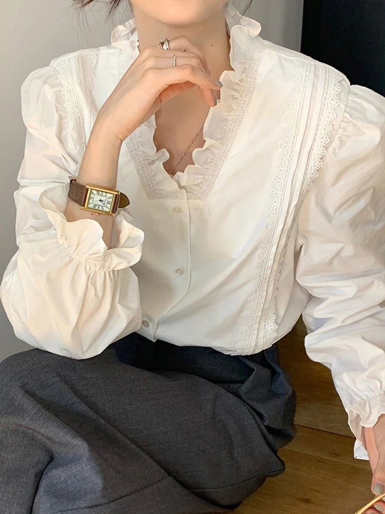 

Женская свободная рубашка с V-образным вырезом, кружевная рубашка с пышными рукавами