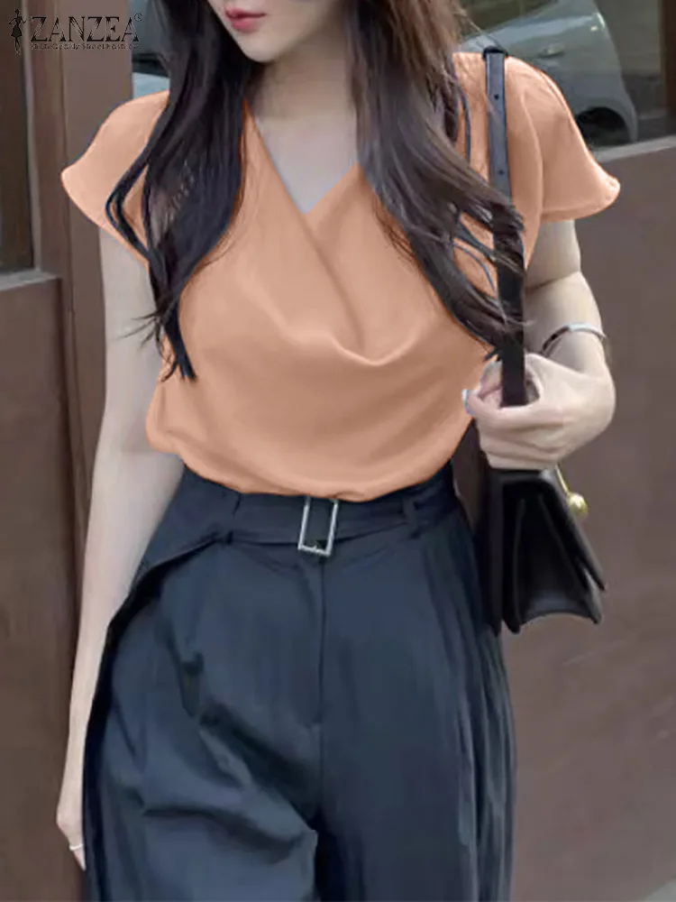 

ZANZEA Short Sleeve Draped Neck Fashion Satin Work OL Tops Women Summer Solid Blouse Elegant Casual Elegant Holiday Shirt 2022