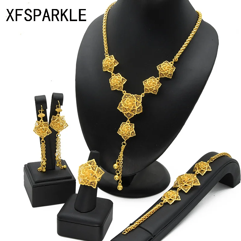 

2023 China's latest design 24k gold fringe necklace earrings bracelet ring jewelry set