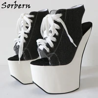 sorbern black and white sandals heelless sneaker ankle high slingback fetish drag queen shoe open toe thick platform heels