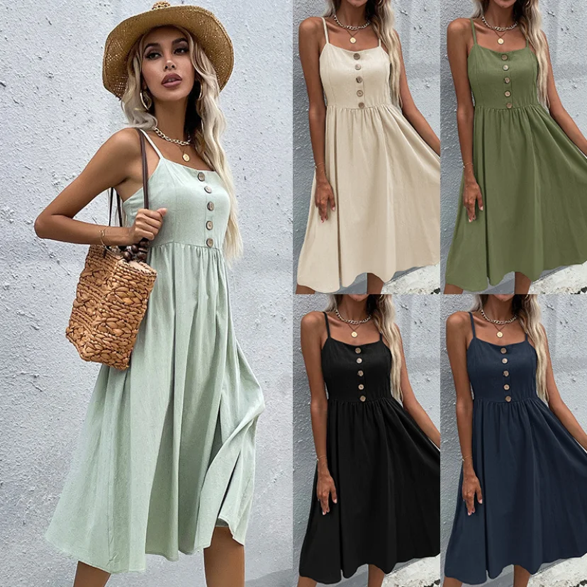 

Dresses For Women 2023 Summer Woman Vestidos Button Long A-Line Camisole Summer Clothing Dropshipping