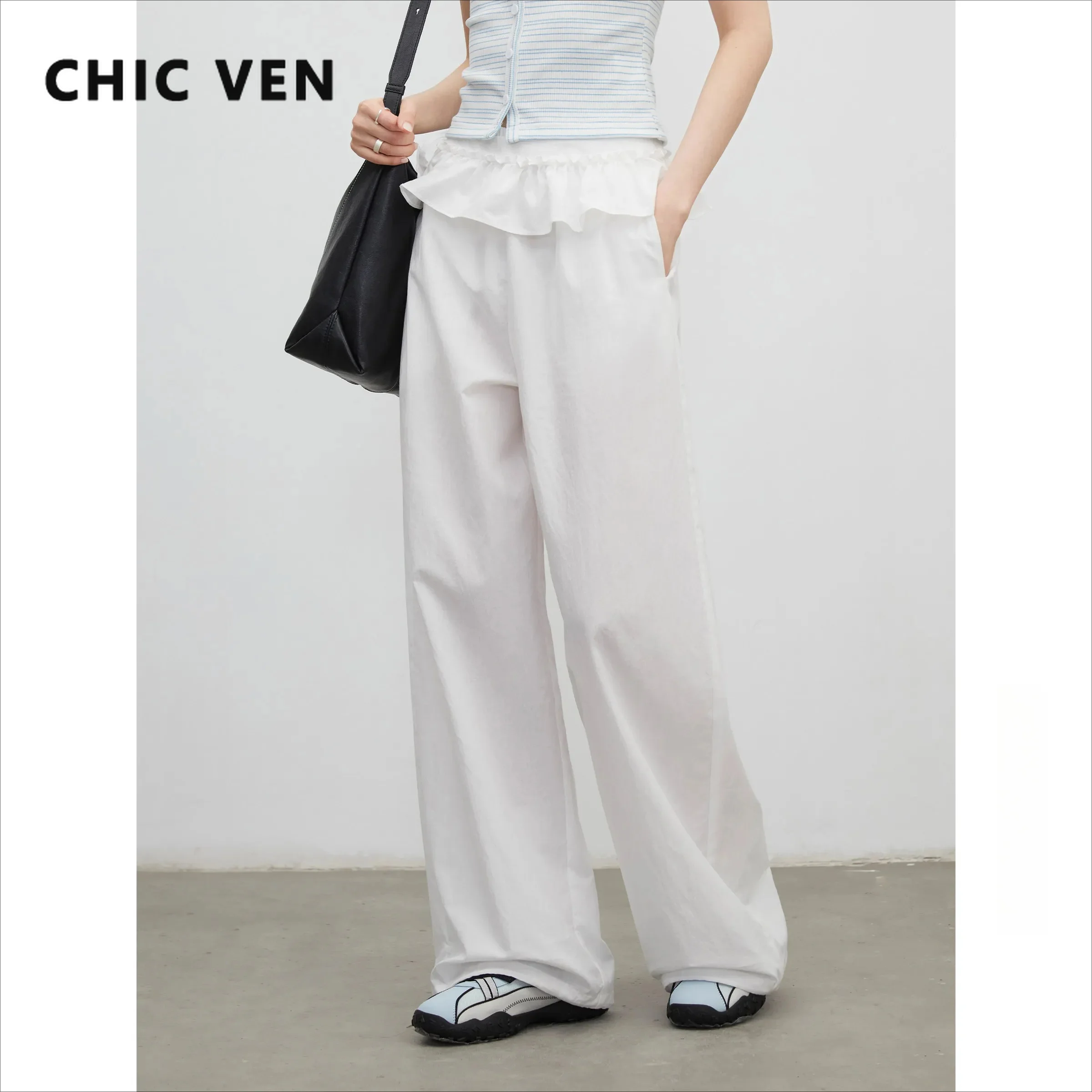Фото Модные женские брюки CHIC VEN: однотонные, свободные, повседневные, с эластичным поясом, широкие штанины, для девушек, весна-лето 2026 №1
