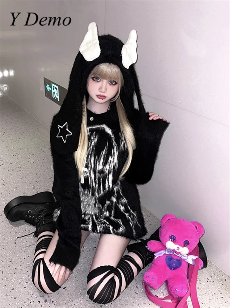 

Y Demo Харадзюку мультфильм кроличьи уши с капюшоном плюшевая Мягкая Печать с длинным рукавом Толстовка Оверсайз свитер