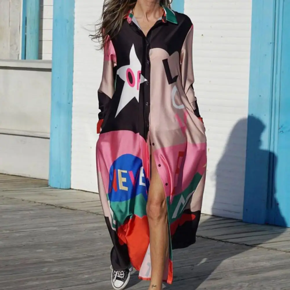 

Great Women Dress Turn-Down Collar Ankle-Length Large Hem Single Breasted Lady Long Shirt Dress