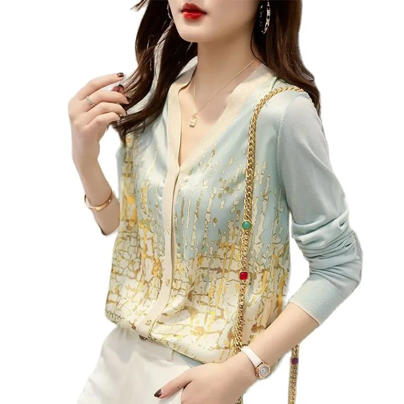 

Knitwear Cardigan Women's 2022 New Autumn Long Sleeve Coat Ladies Patchwork Print Fashion Tops Lady V-neck French unique Tops