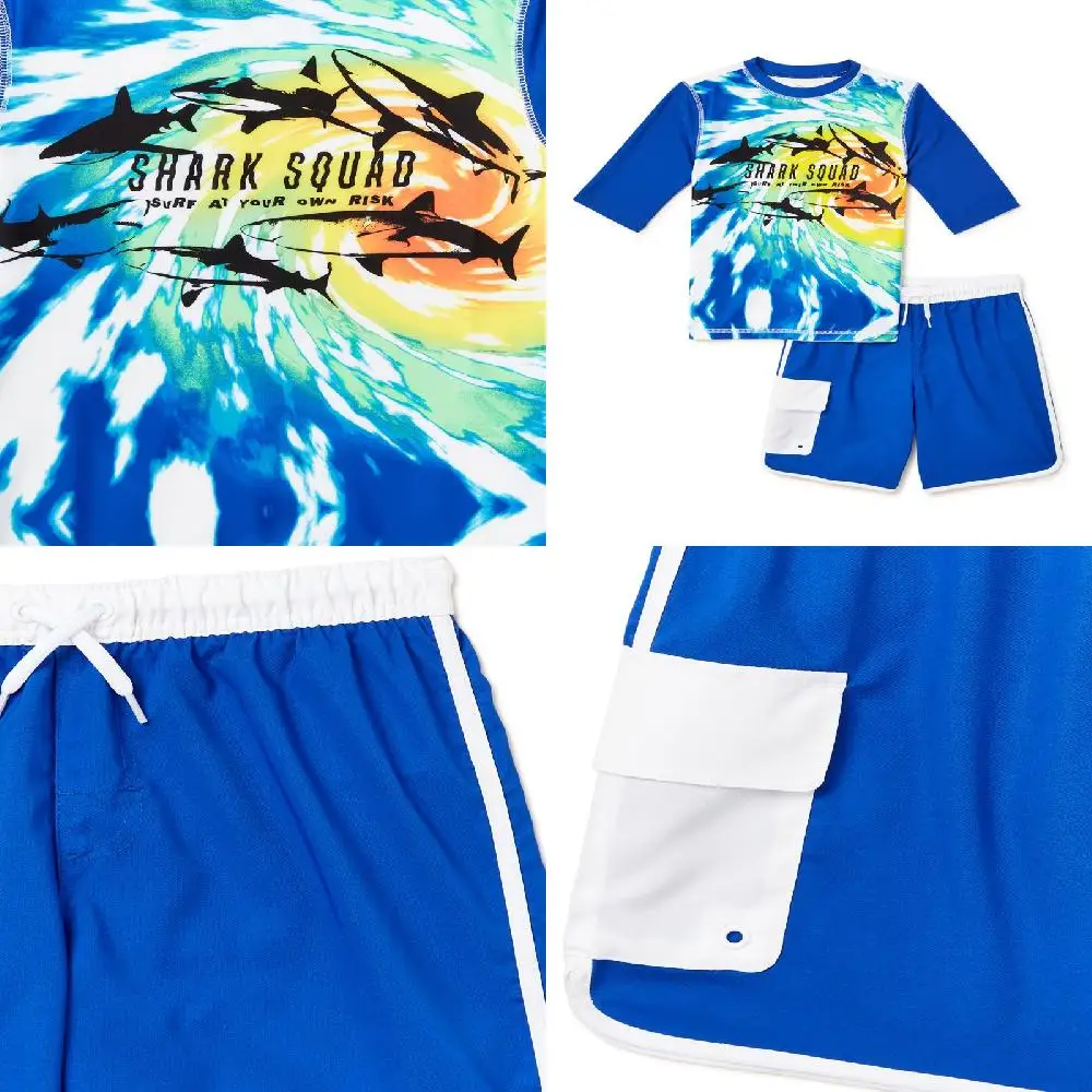 

Adorable & Stylish Kids' 2 Piece Husky Rash Guard & Swim Trunk Swimsuit Set with Cute Patterns, Sizes 4-18 for Girls & Boys.