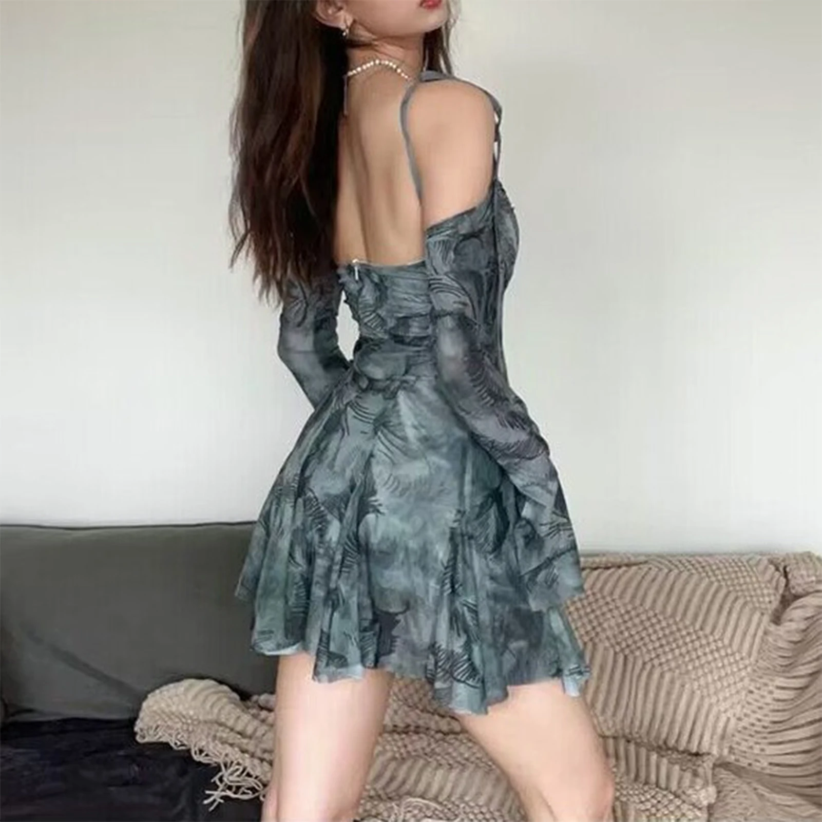

Women Spaghetti Strap Dress Flare Sleeve Y2K Ladies Sling Dress Off Shoulder Printed Backless Fashion Summer Night Club Outfit
