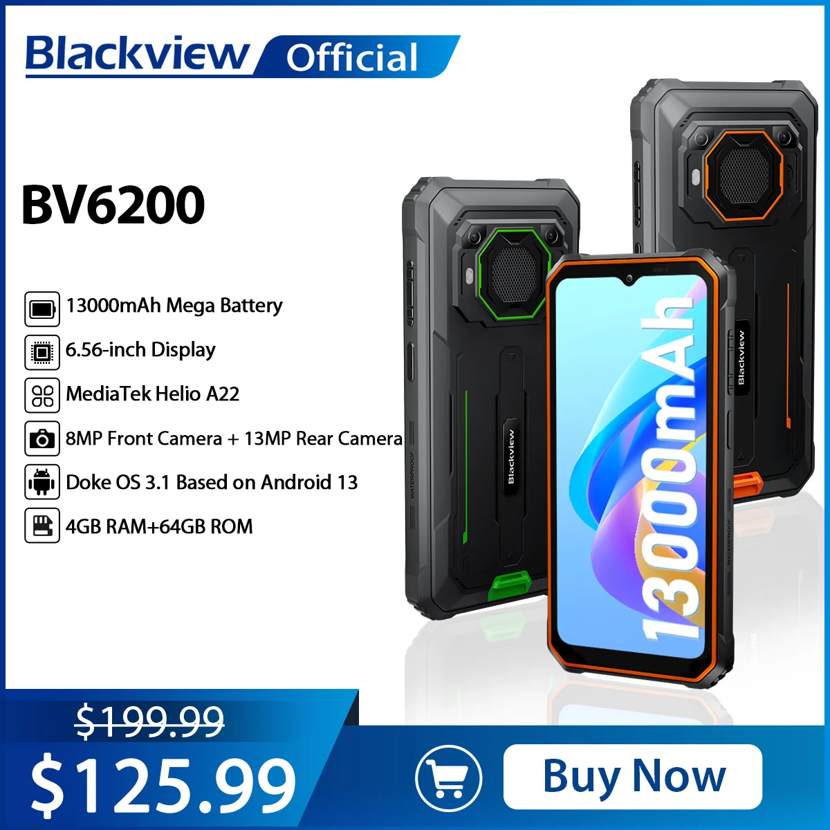 Blackview BV6200 Helio A22 6,56 'Android13 Прочная машина 8 ГБ 64 ГБ 13 МП Задняя камера 13000 мАч с зарядкой 18 Вт Dual 4G Celular