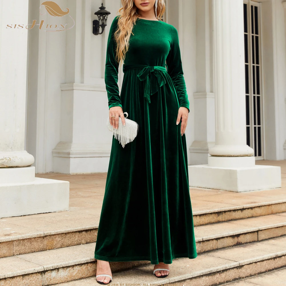 

Элегантное однотонное зеленое черное бархатное длинное платье, осенне-зимнее повседневное винтажное платье макси для женщин, вечерние платья с поясом SR1439