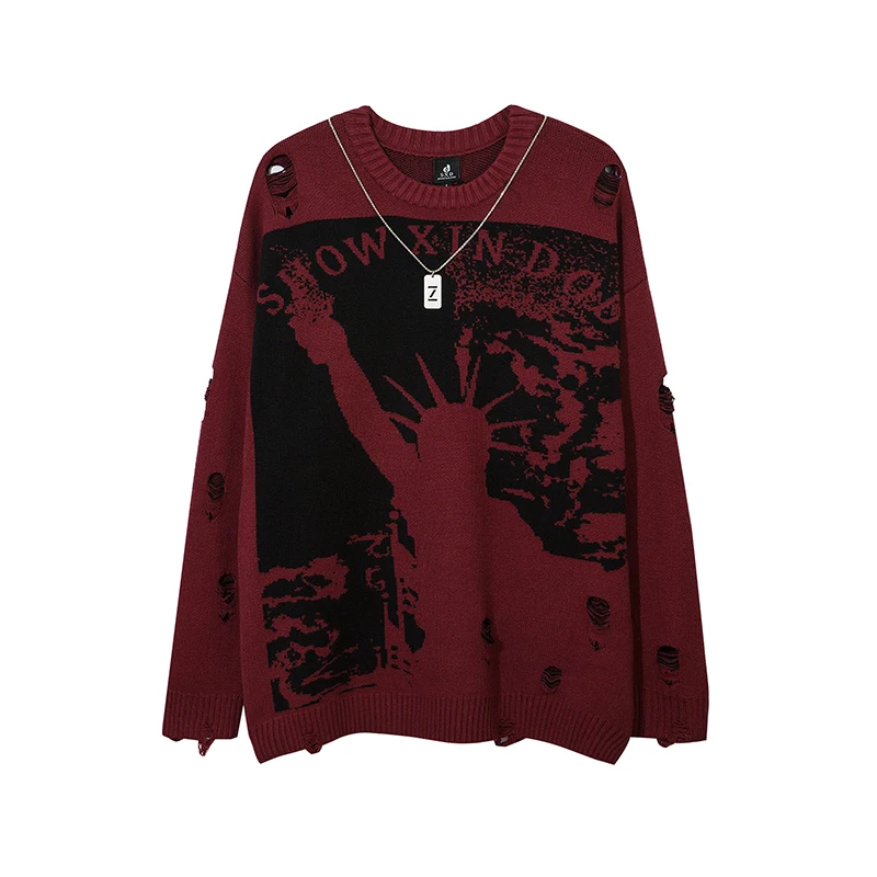 

Retro Character Letter Patchwork Hole Spring Sweaters Mens and Womens Round Neck Hip Hop Knitted Oversized Pullover Sweater
