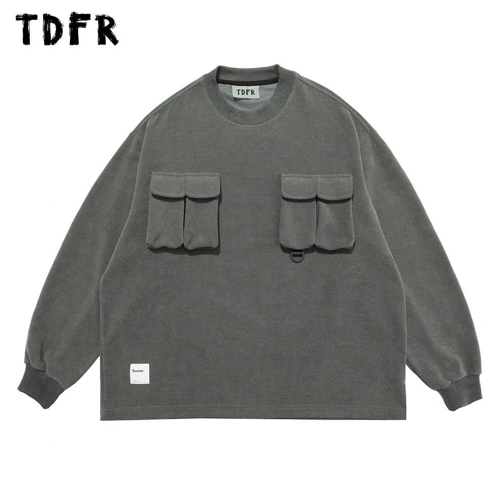 

Однотонная мужская футболка с длинным рукавом и карманом, Осень-зима, Повседневная Свободная футболка в стиле сафари с круглым вырезом для ...