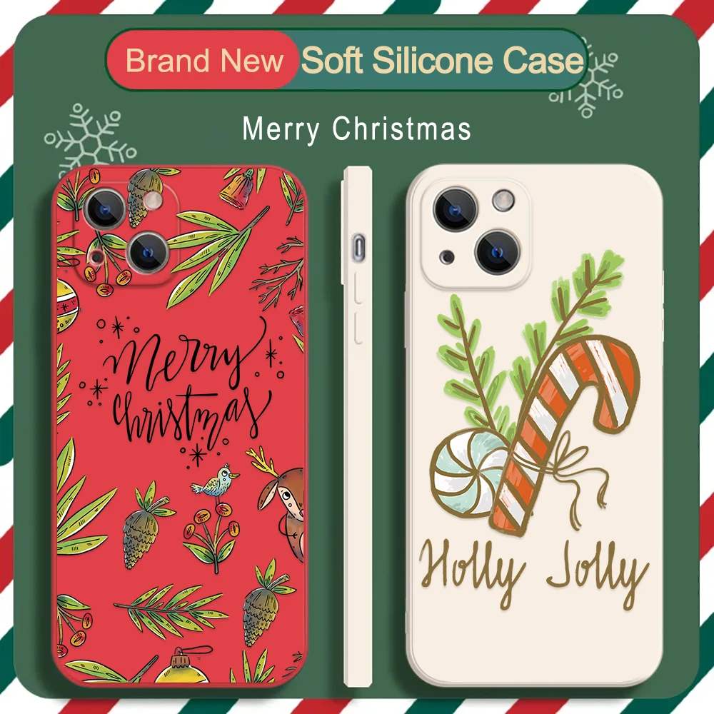 

Merry Christmas Crutch Candy Case for iPhone 14 13 12 11 Pro Max Mini Liquid Silicone Soft Cover Color Protection Shell Fundas