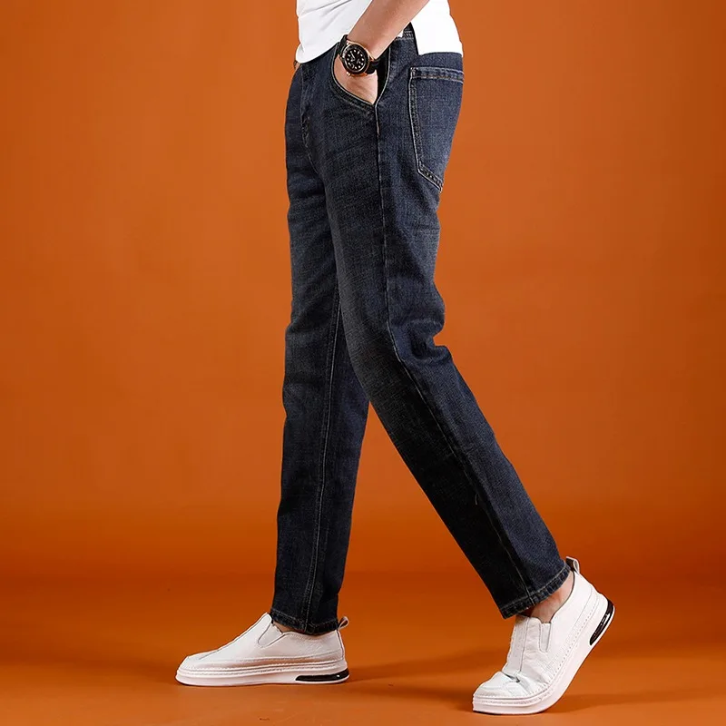 Summer Men Jeans Fashion Casual Dark Blue Regular Pencil Pants Cotton Solid Color Denim Trousers
