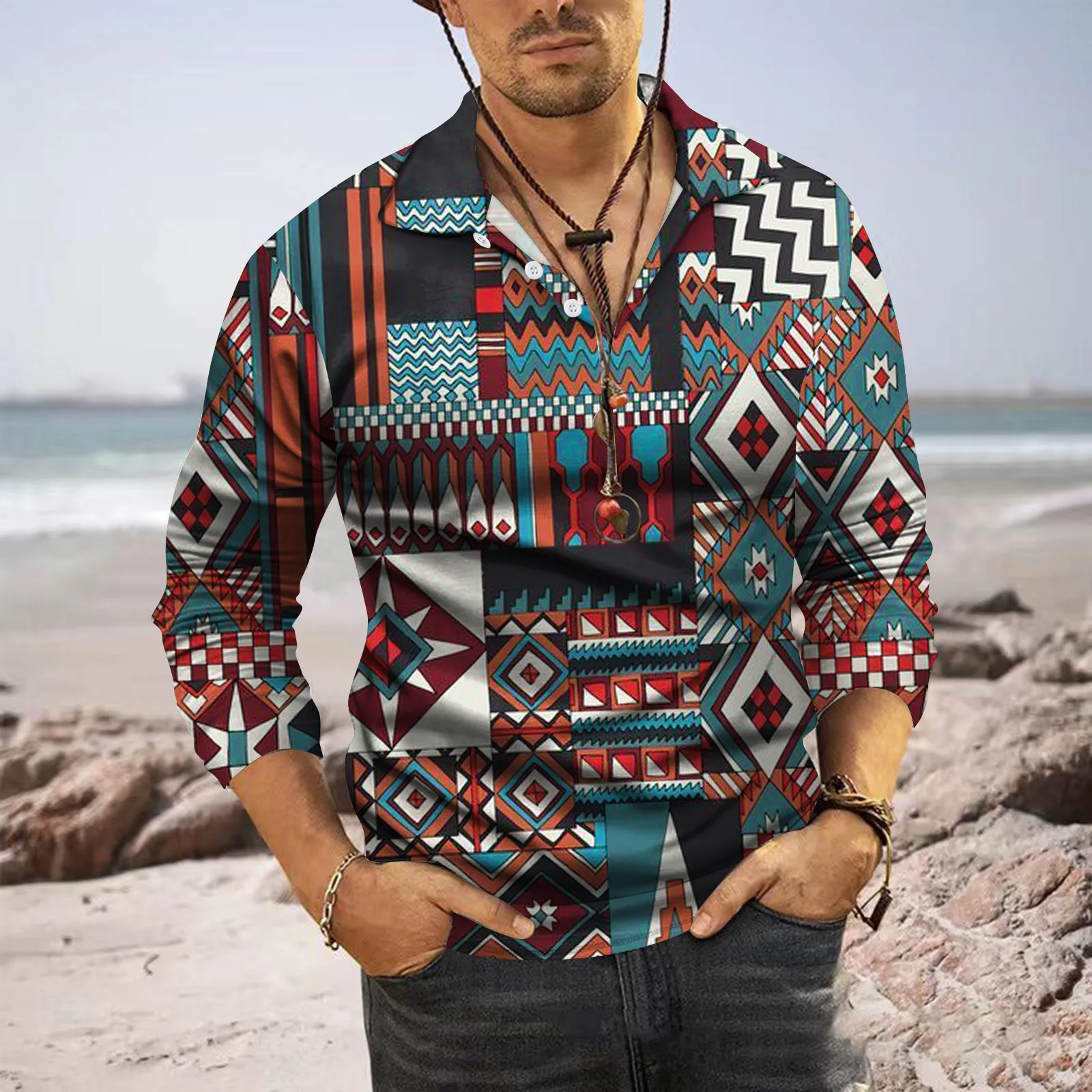 

Mens Fashion Ethnic Polo Shirts Casual Button Lapel Short Sleeve T Shirt Tops Turn Down Collar Men'S Polo Shirt