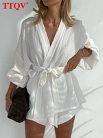 ttqv casual white womens suit fashion high waist shorts set female elegant loose long sleeve lace up robes two piece set