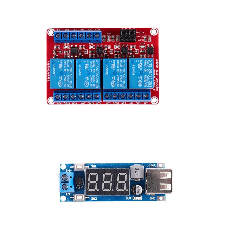 

1 шт. понижающий светодиодный вольтметр USB понижающий телефон и 1 шт. 4-канальный модуль реле мощности