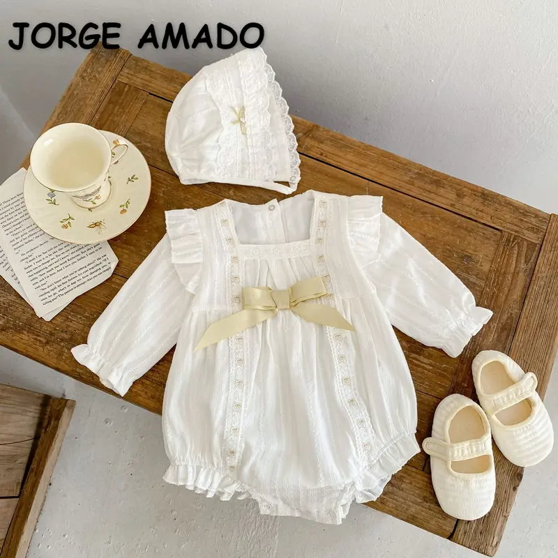 

Korean Style New Autumn Baby Girl Bodysuit White Square Collar Long Sleeves Bow Jumpsuit+Cap Newborn Clothes E538