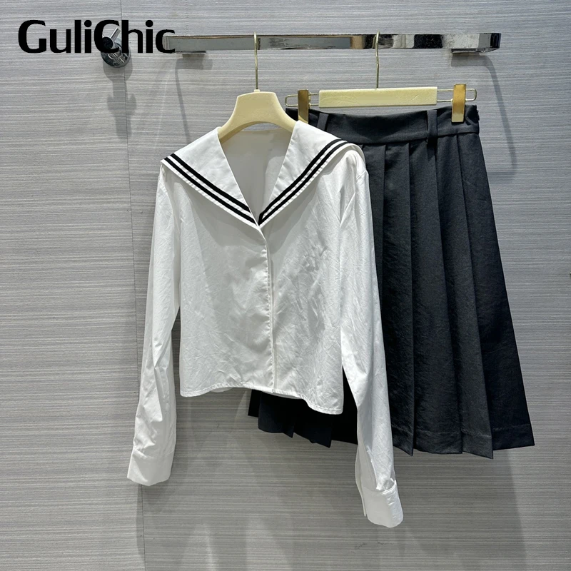 

12.16 GuliChic Women Fashion Sailor Collar Hidden Breasted Striped Embroidery Letter Short White Shirt Or Pleated Skirt Set