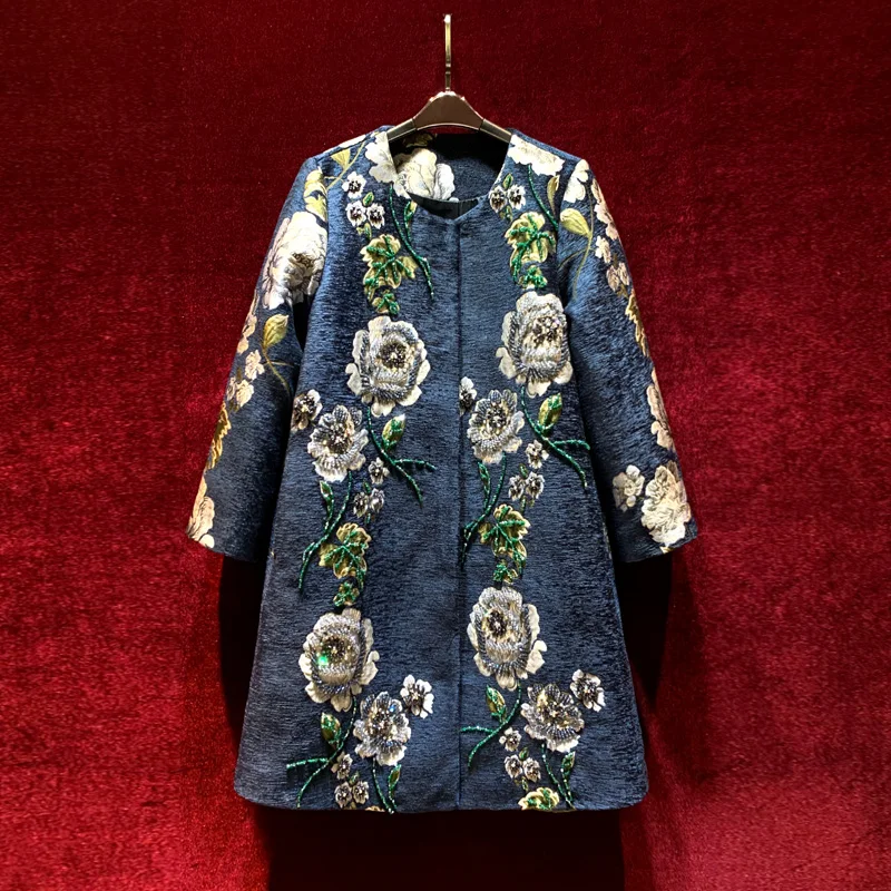 

Женская одежда в европейском и американском стиле на зиму 2022, модный жаккардовый тренчкот с длинным рукавом и синими цветами, с крупными пуг...