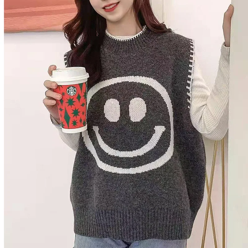 

Cottagecore Smile Face Sweater Vest 2023 O Neck Loose Casual Knitted Sweater Vest Spring Autumn New Fashion All Match Streetwear