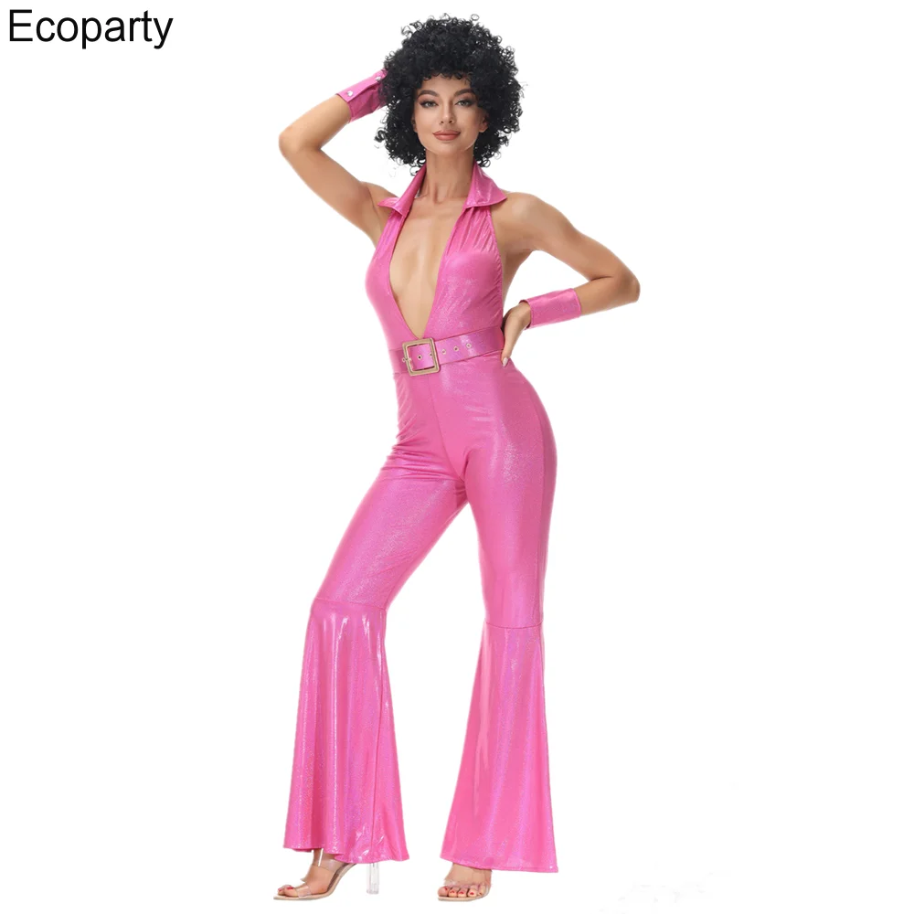 Women Sexy Vintage 70s 80s Hippie Costume Cosplay Jumpsuit Suit costume Halloween Retro Disco Enthusiast dancer Fancy Dress 40