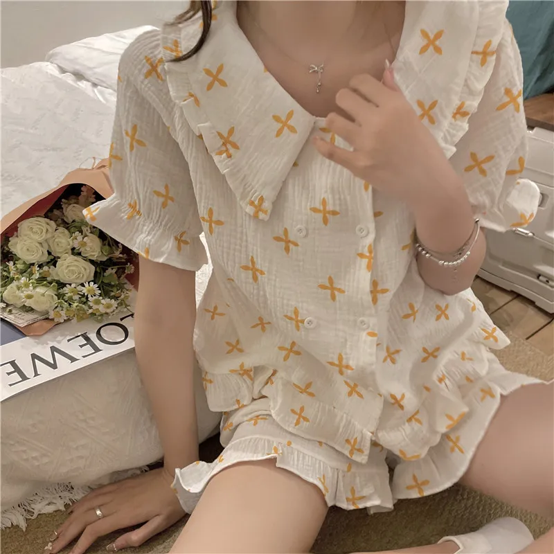 

Cotton Linen Gauze Summer Pajama Set Comfortable Short Sleeve Tops Shorts Home Suit Cute Student Pyjamas Breathable Apricot D265