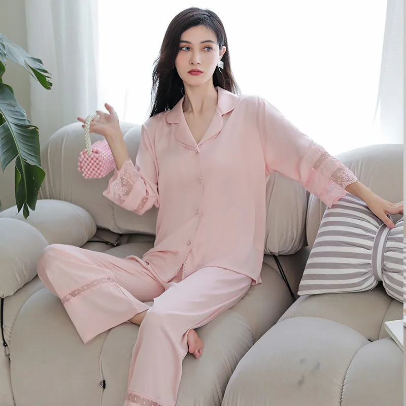 2023 Autumn Pajamas Women's Ice Silk Silk Nine-Quarter Sleeve Two-Piece Set Thin Homewear Suit