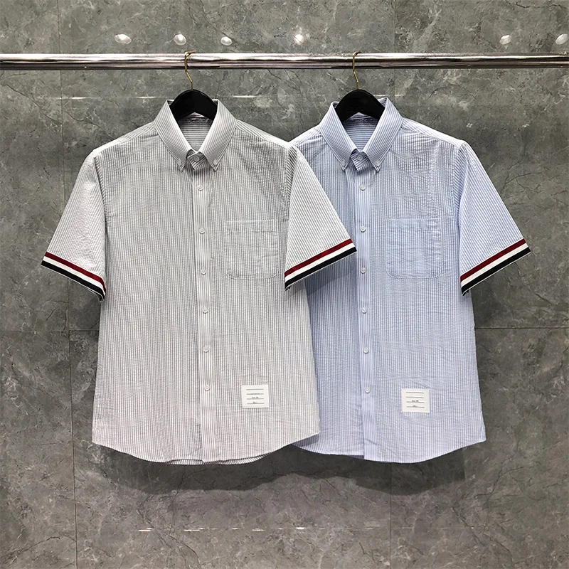 

TB THOM Shirt Summer Fashion Brand Short Sleeve Men's Shirt Vertical Stripe Cuff Stripe Casual Cotton Oxford Wholesale TB Shirt