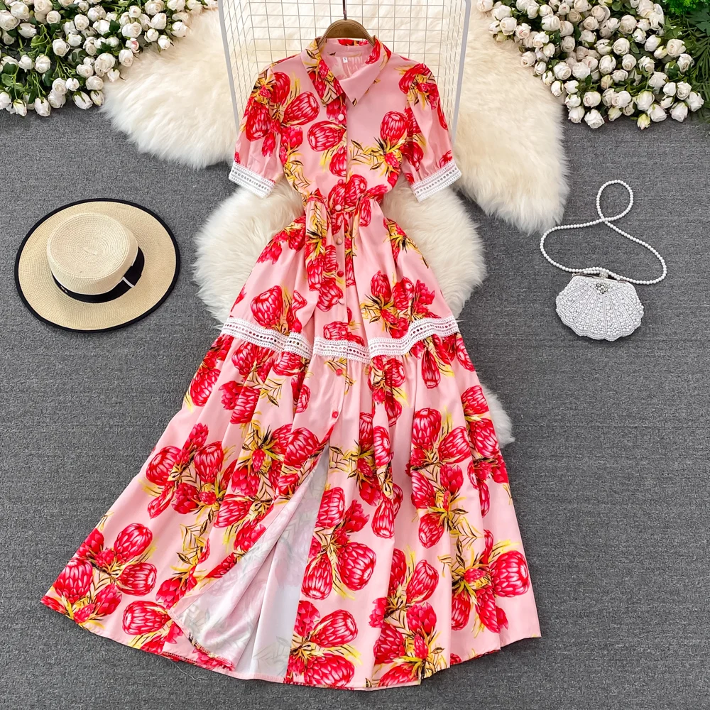 

Spring Gentle Wind Super Fairy Celebrity Temperament Single Breasted Lapel Printed Dress Seaside Holiday Big Swing Long Dress
