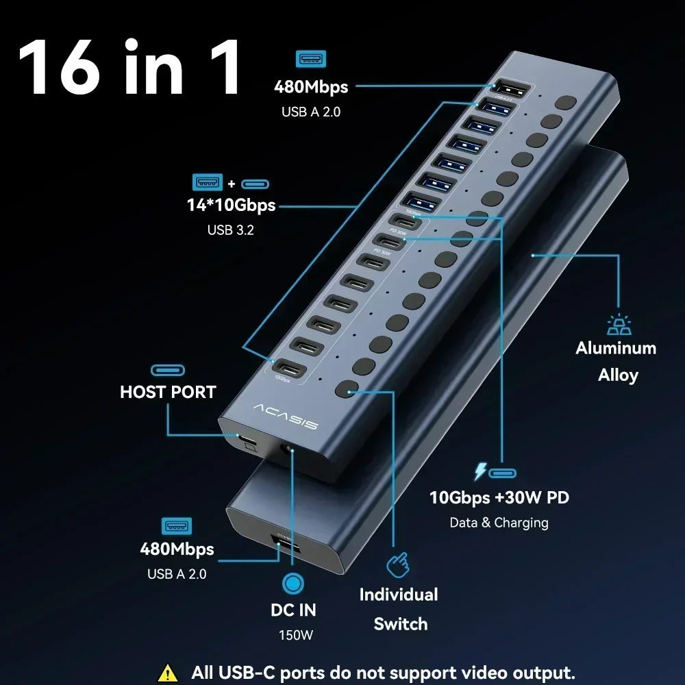 Фото USB-концентратор Acasis на 16 портов USB-C 3.1, 10 Гбит/с, 8A 8C, для USB-накопителей SSD/HDD, принтеров, клавиатур, мышей, мониторов, с зарядкой PD30W для iPad/iPhone №2