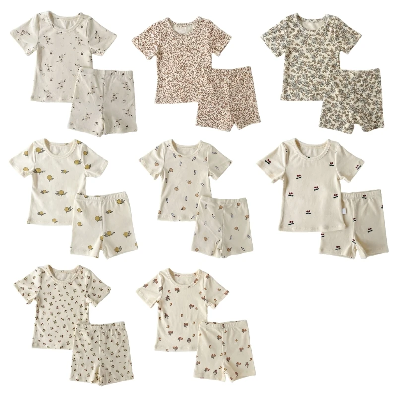 

Комплект детской летней одежды из 2 предметов, рубашка с коротким рукавом и шорты, футболка с цветочным принтом для малышей и трусы, милая домашняя одежда