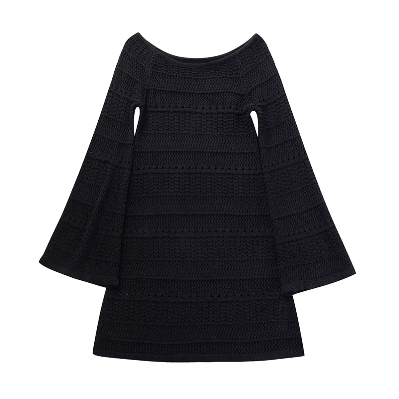 

YENKYE　Autumn Women Boatneck Long Flared Sleeves Black Knit Mini Dress