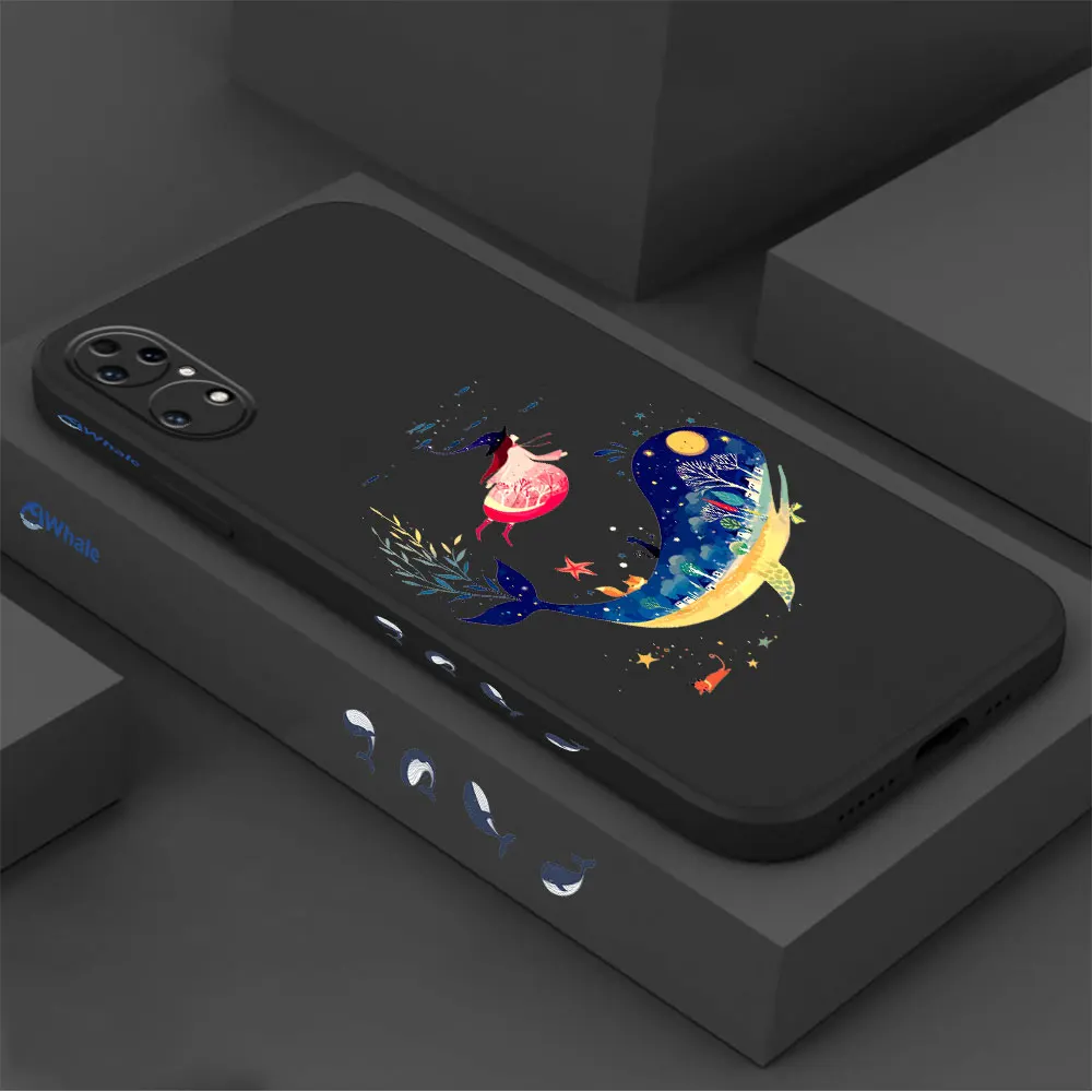 Fantasy Whale Ocean Phone Case For Huawei P60 P50 P40 P30 P20 Mate 50 40 30 20 20X 10 Colour Liquid Silicone Cover Funda Cqoue