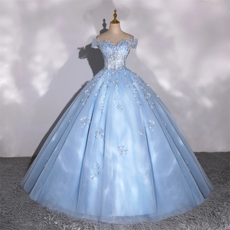 Фото Блестящие вечерние платья 15, платья Quinceanera, бальное платье, элегантное платье с открытыми плечами для 15-летнего возраста, платье для выпускного вечера по индивидуальному заказу №1
